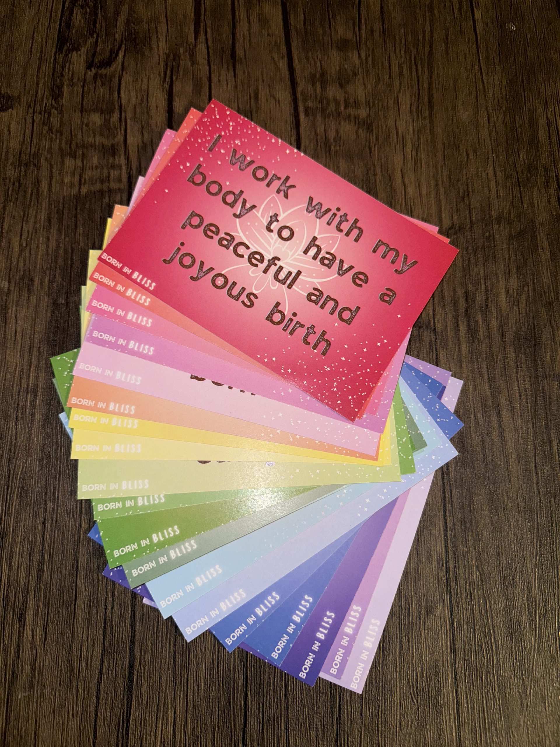 Birth affirmation cards, beautiful rainbow colour positive statements for pregnancy and birth
